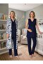 New Season Navy Blue Patterned Wide Strap Lace Detailed Summer Special Design 100% Cotton Maternity Long Dressing Gown Pajama Set - 8