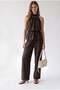 2203 Women's Halter Neckline Elastic Waist Palazzo Top and Bottom Set Brown - 3