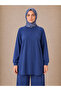 Women's Modal Fabric Ribbed Stitching and Slit Detailed Top and Bottom Set - Navy Blue - 4
