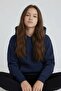 Navy Blue Girls' Kangaroo Pocket Hooded Sweatshirt 24689 - 3
