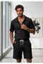 Men's Black Olympos Zippered Collared Twisted Fabric T-Shirt Shorts Combination Set - 3