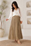 Women's Khaki Gathered Crinkle Linen Textured Bohemian Pinterest Long Skirt - 2