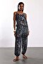 Navy Blue Patterned Blouse Trousers Set - 2