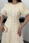 Women's Beige Midi Rose Appliqué Balloon Sleeve Round Neck Lined Event Dress - 4