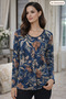 Women's Ground Blue Summer Floral Patterned Long Sleeve Oval Neck Plus Size Blousek. - 6