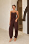 Women's Thin Strap Gathered Detailed Blouse and Ankle-Tie Pants Two-Piece Set - Brown - 5