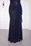 Women's Navy Blue V-Neck Short Sleeve Sequined Long Plus Size Evening Dress - 4