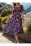 Women's Short Sleeve Square Neck Elastic Waist Floral Print Mini Single Jersey Dress - 3