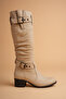 Women's Genuine Leather Bellows Boots with Adjustable Buckle - Beige - 3