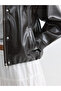 Brown Stand Collar Oversize Women's Leather Look Coat - 3