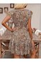 Women's Short Ruffle Sleeve V Neck Waist Belted Print Single Jersey Dress - 7