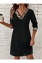 Women's Long Sleeve V-Neck Mini Imported Crepe Dress with Pulpayet Detail