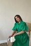 Women's Green Midi Shirt Collar Balloon Sleeve Belted Pleated Cotton Dress - 4