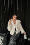 Women's Ecru Short Faux Fur Coat with Fur Collar and Long Sleeves for Winter - 5