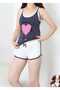 Women's Pink Heart Patterned Smoked Color Pajama Set with Shorts Single Jersey Fabric Zero Sleeve Standard Size