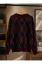 Women's Oversize Diamond Patterned Knitwear Sweater with Crew Neck and Soft Texture - 2