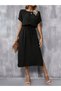 Women's short sleeve open collar waist tie-up Slit viscose dress