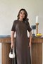 Women's Brown Crew Neck Short Sleeve Pleated Long A-Line Cotton Dress - 3