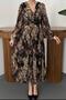 Women's Black Floral Patterned Glitter Belted V-Neck Long Sleeve Maxi Dress - 5