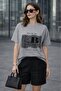 Women's Gray T-Shirt Crew Neck Short Sleeve Lace Look Graphic Printed Single Jersey - 2