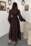 Women's Brown Brode Scallop Belted High Neck Balloon Sleeve Midi Dress - 5