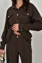 Women's Brown Shirt Pants Set Buttoned Lace-Up Ribbed Wide Leg Pants with Pockets - 5