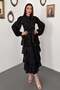 Women's Black Long Dress with High Collar, Buttons, Belt, Flounces and Floral Texture