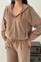 Women's Beige Top and Bottom Set Thin Velvet Hooded Zippered Lace-Up Wide-Leg Pants Set - 4