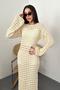 Women's Beige Long Knitwear Dress Openwork Pitikare Patterned Crew Neck Long Sleeve Slim Fit - 3