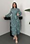 Women's Mint Dress Layered Flounce Floral Patterned Belted Buttoned High Neck Midi