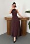 Women's Brown Halter Neck Sleeveless Lined Waist-Fitted Long Flared Dress - 2