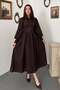 Women's Brown Brode Scallop Belted High Neck Balloon Sleeve Midi Dress - 2