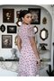Women's Pink Polka Dot Chiffon Midi Dress V-Neck Balloon Sleeves with Folded Flounces - 7