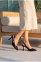 Women's Black Patent Leather Pointed Toe High Heeled Shoes with Noble Gold Accessories - 8