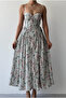 Women's Green Floral Patterned Rope Strap Heart Neck Drawstring Midi Poplin Dress - 2