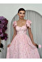 Women's Pink Floral Patterned Shoulder Tie Heart Collar Gathered Long Dress - 5
