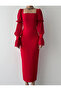 Women's Red Square Collar Chiffon Balloon Sleeve Ruffle Detailed Midi Pencil Dress - 2