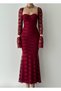 Women's Burgundy Midi Dress Sweetheart Neckline Floral Patterned Tulle Long Spanish Sleeves - 2