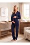 New Season Navy Blue Shawl Collar Breastfeeding Feature Adjustable Waist Buttoned Special Design Long Sleeve 100% Cotton Maternity Pajama Set - 2