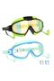 Children's swimming goggles (3-15 years old), with earplugs, large frame, anti-fog/UV protection, unisex, green + light blue.