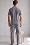 Gray Melange Men's Short Sleeve Shirt Collar Buttoned Ribbed Pajama Set7822 - 3