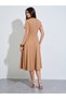 Brown Round Neck Bow Detail Midi Dress - 5