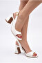 Women's White Design Asymmetrical Strappy Blunt Toe Thick Heeled Shoes - 6