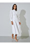 White Cotton Schiffli Belted Midi Dress - 3
