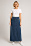 High Waist Zipper Detailed Denim Maxi Skirt 7510-Blue