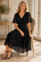 Women's Short Sleeve Double Breasted Collar Waist Fitted Patterned Lined Lycra Elegant Black Midi Evening Dress - 5