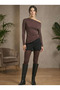 Women's Brown Boat Neck Off-Shoulder Gathered Detailed Asymmetrical Cut Lycra Stretchy Ribbed Fabric Blouse - 3