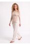 Women's Beige Color Boat Neck Off-Shoulder Gathered Detailed Asymmetrical Cut Lycra Stretchy Ribbed Fabric Blouse - 2