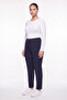Women's Navy Blue Winter High-Waisted Trousers with Stone Detail on the Cuffs and Waist - 2