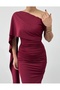 Women's Burgundy Dress One-Shoulder Shawl Detailed Gathered Slim Fit Midi Evening Dress - 8